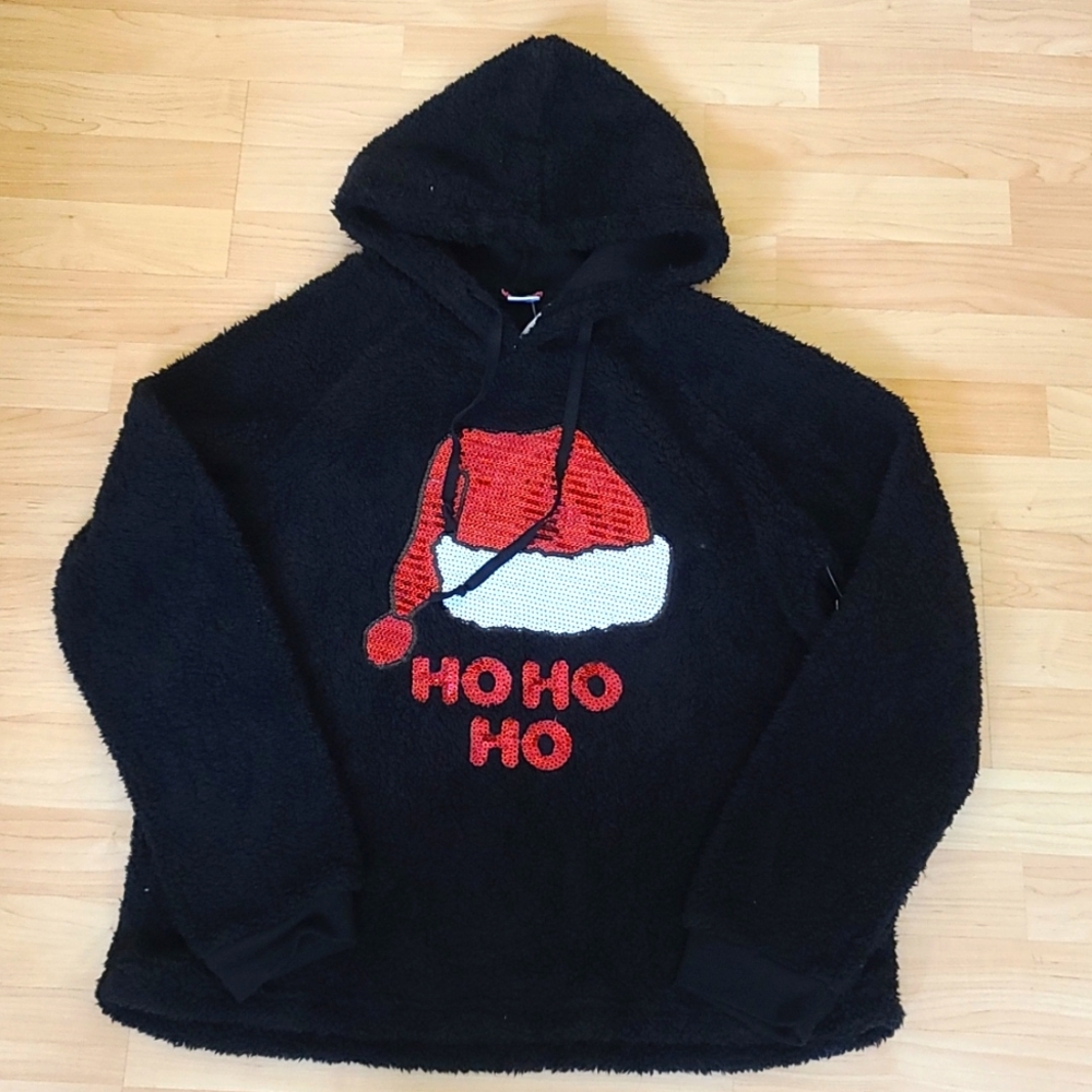Christmas Ho Ho Black Hoodie Sweatshirt Size L
